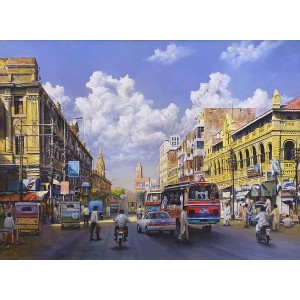 Hanif Shahzad, Cloth Market M.A. Jinnah Road Karachi, 27 x 36 Inch, Oil on Canvas, Cityscape Painting, AC-HNS-032